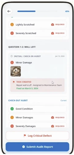 Campus Pilot check-out inspection comparing check-in condition photos against check-out, with a repair task automatically created and assigned to maintenance.