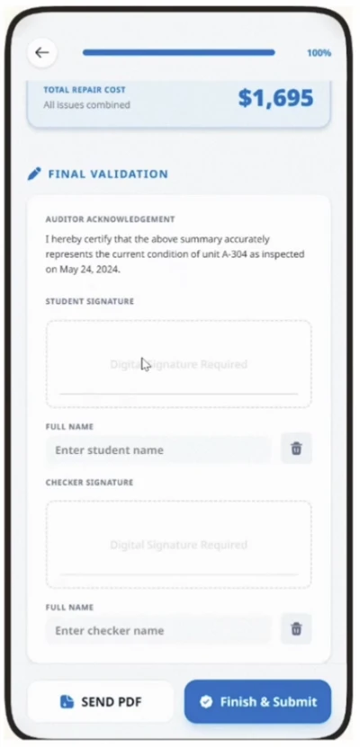 Campus Pilot check-out inspection summary showing total repair cost, student and checker digital signatures, and a Send PDF button.