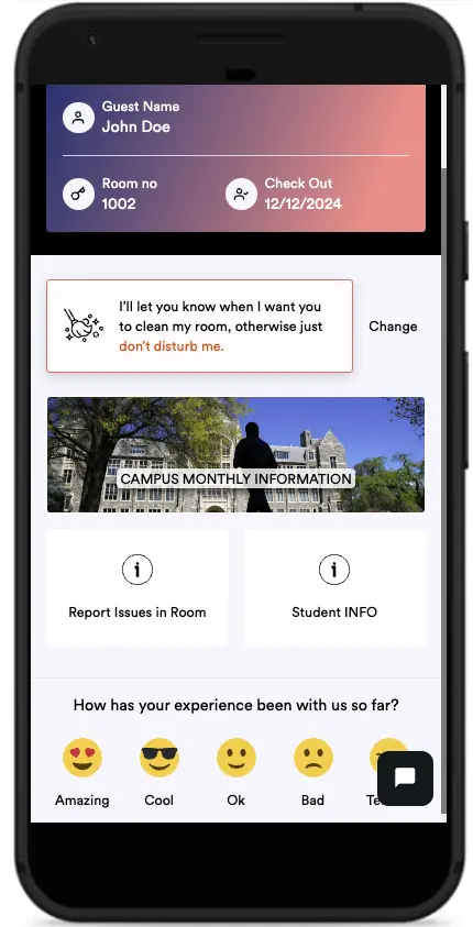Campus Pilot student app home screen showing room details, cleaning preference, campus information, issue reporting and feedback.